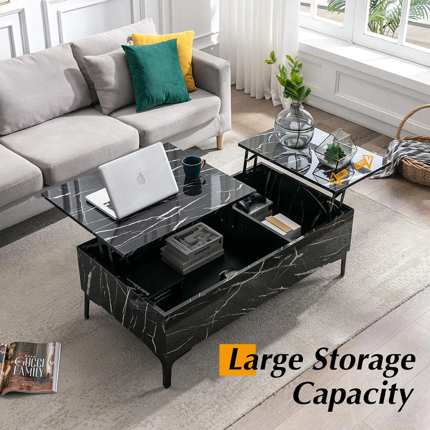 Lift top coffee table black marble