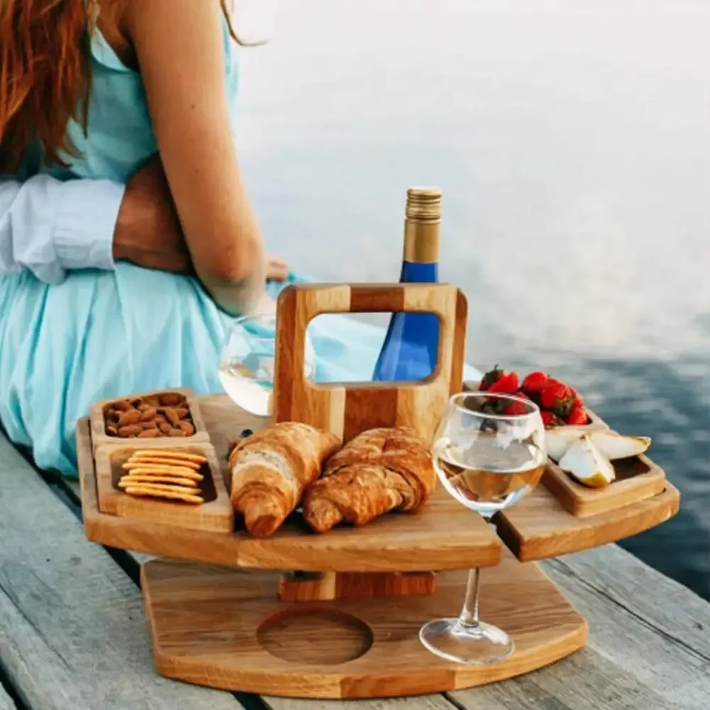 Portable Wooden Picnic Table Tray with Removable Wine Glass Holder
