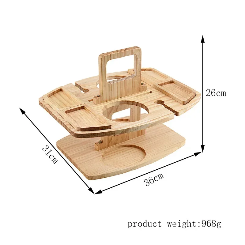 Portable Wooden Picnic Table Tray with Removable Wine Glass Holder