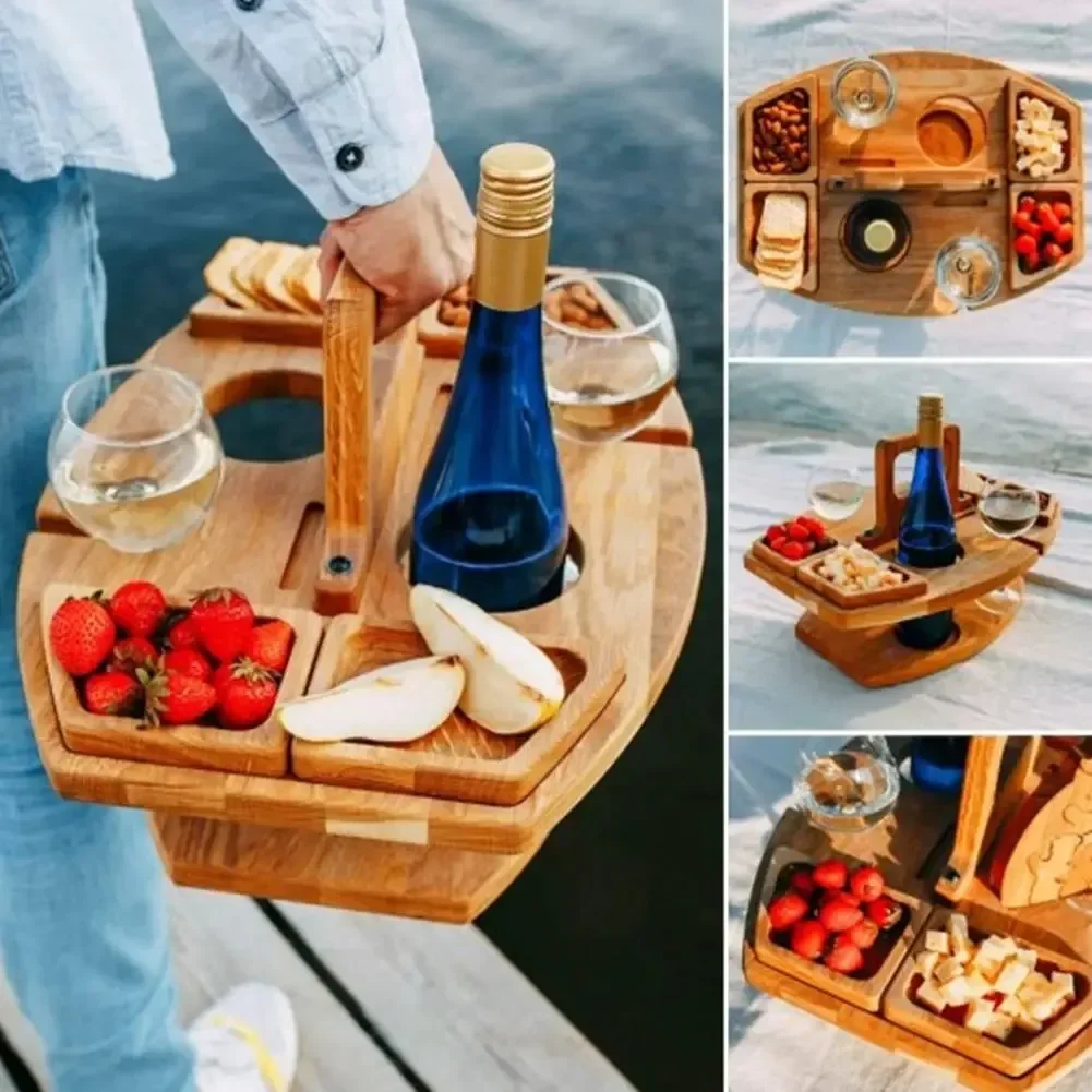 Portable Wooden Picnic Table Tray with Removable Wine Glass Holder