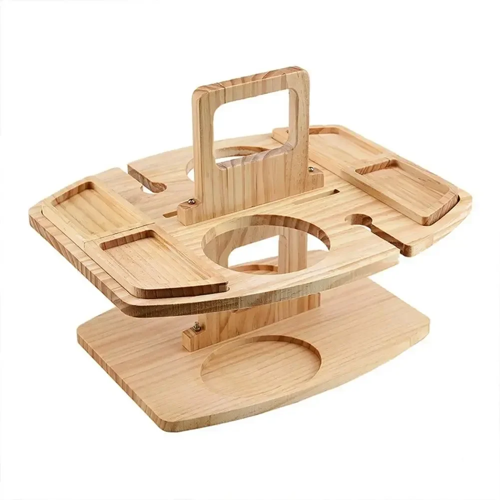 Portable Wooden Picnic Table Tray with Removable Wine Glass Holder