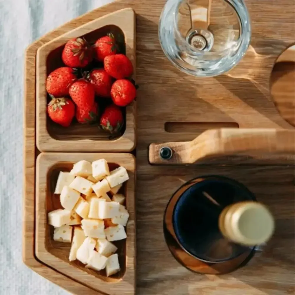 Portable Wooden Picnic Table Tray with Removable Wine Glass Holder